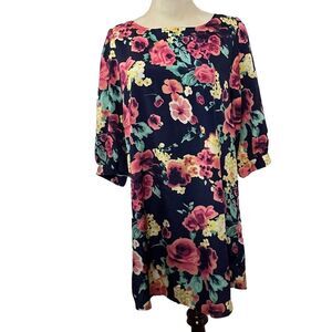Everly Womens Shift Dress Navy Floral Lined 3/4‎ Sleeve Linen Blend Dress Medium